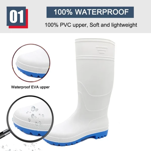 Tiger Master Waterproof anti slip food industry non safety white pvc rain boots (GB01)